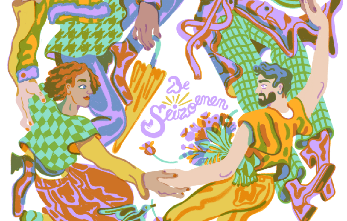 Illustratie van 4 dansende personen in kring